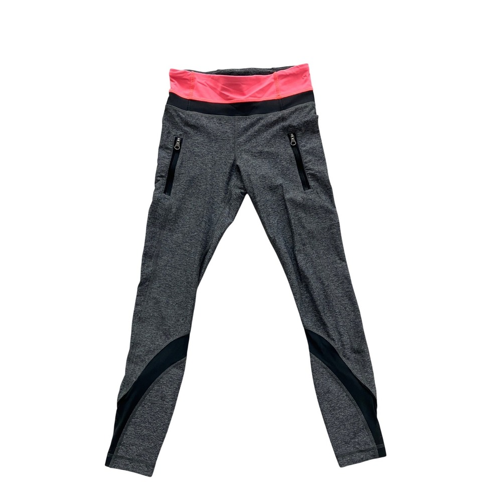 Lululemon Heathered Grey Neon Pink Waistband Mesh Panel Zipper Pocket Leggings